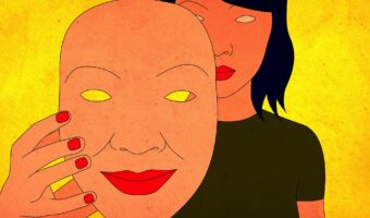A color drawing of a woman holding a face mask, predominent colors are yellow and red.
