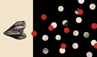 An graphic image of lips drawn in pen and ink on a tan background on the right, and a series of yellow, red, and other dots on a black background.